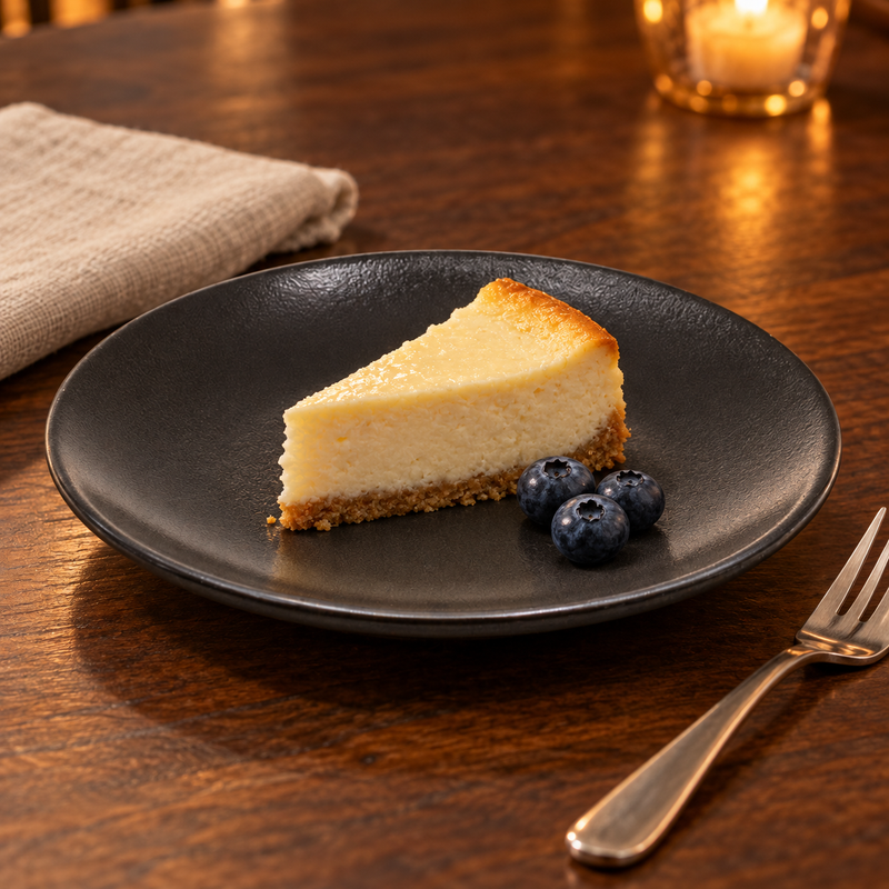 JX26-B round plate with cheesecake and blueberries in an evening setting