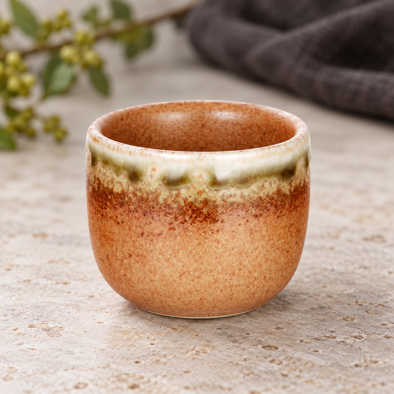 Single JX8-7 sake cup on a stone tabletop, with orange interior and cream rim