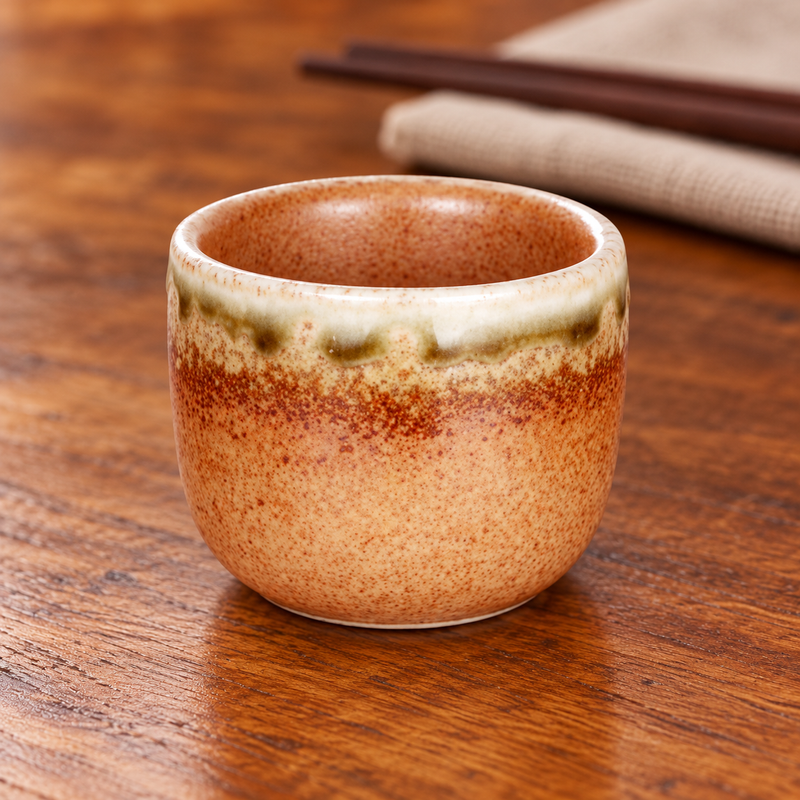 Single JX8-7 orange-brown and cream porcelain sake cup on a wooden table
