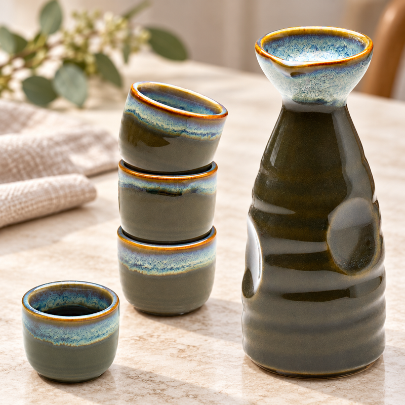 JX9-3 blue-and-olive porcelain bottle and four cups on a stone tabletop