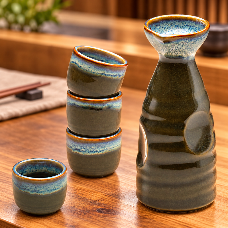 JX9-3 Chun Tenmoku sake set with one bottle and four cups on a wooden table