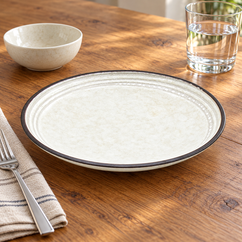 Ivory dark-rimmed plate with fork, water glass and separate bowl