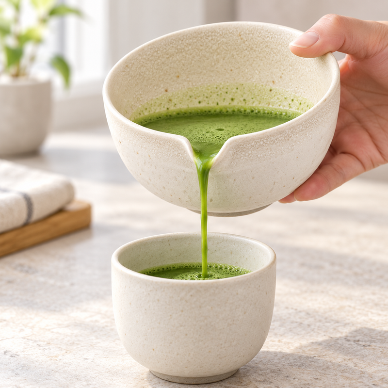 K537-SPW cream-white matcha bowl pouring prepared tea into a separate cup