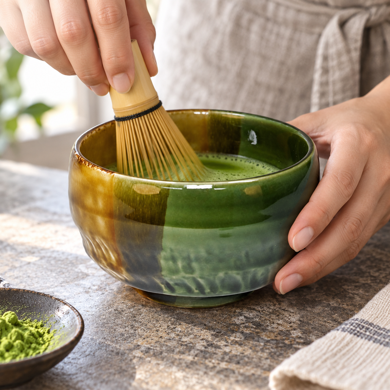 Matcha being whisked in the green ceramic bowl with amber-brown accent