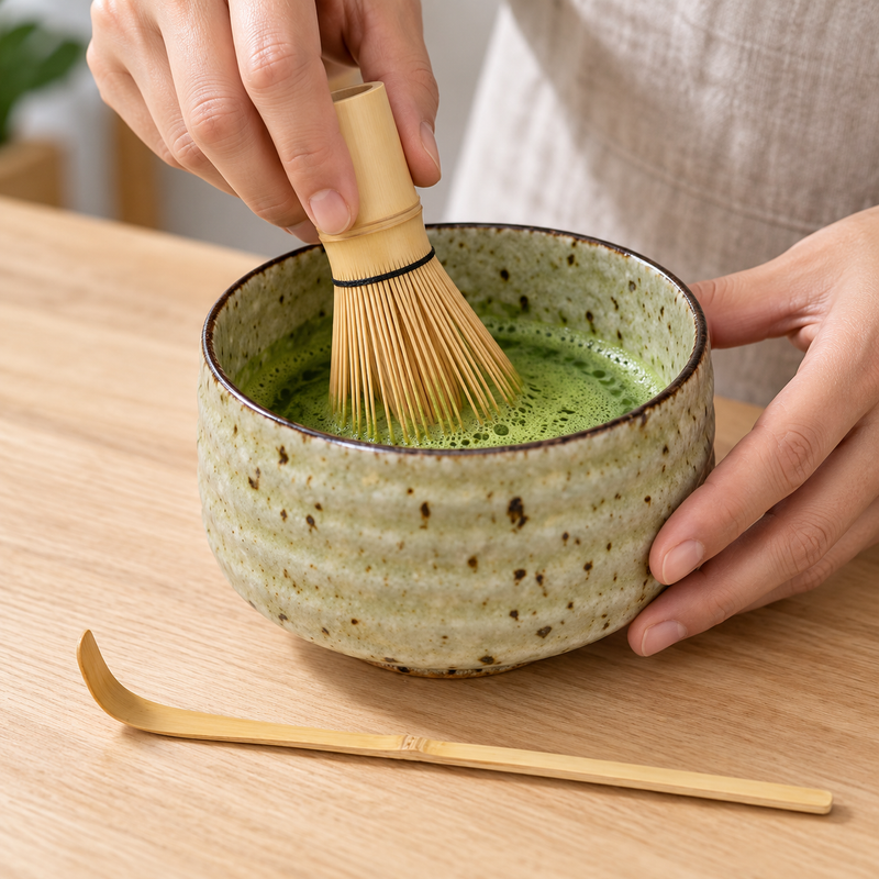Matcha whisked in the green-gray speckled ceramic bowl with bamboo scoop alongside