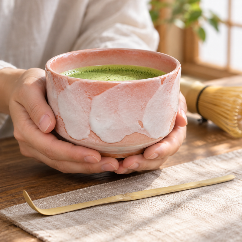 Pink and white glazed matcha bowl held in both hands with bamboo tools nearby