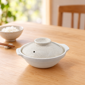 D6-K cream crackle-glazed ceramic donabe at a table setting
