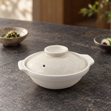 D6-K cream crackle-glazed ceramic donabe at a table setting