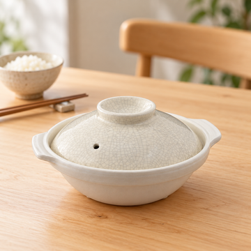 D7-K cream crackle-glazed ceramic donabe in a restaurant table setting