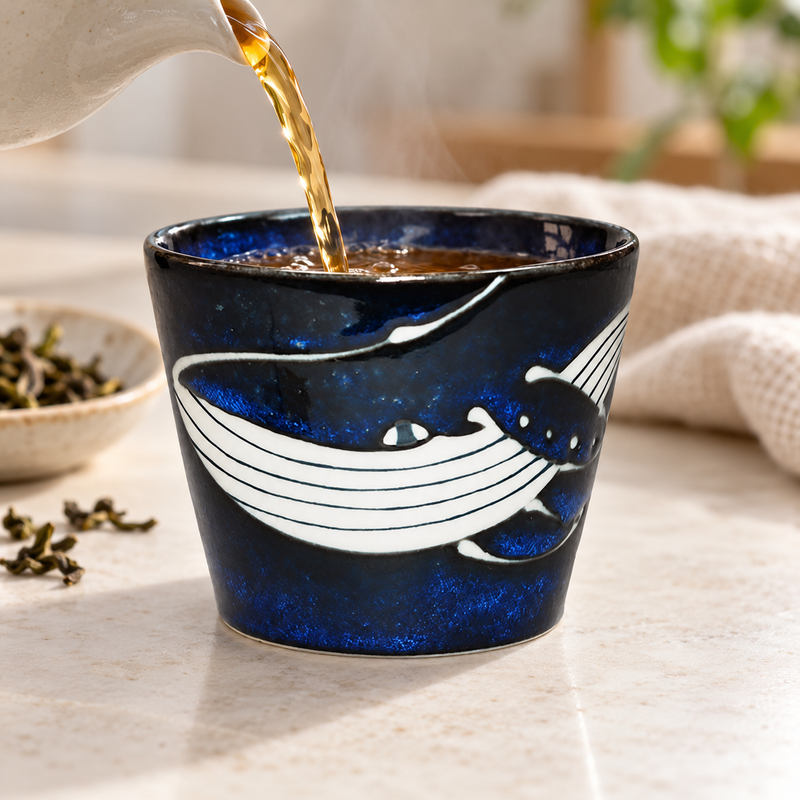 KF20-WL cobalt whale cup being filled with tea