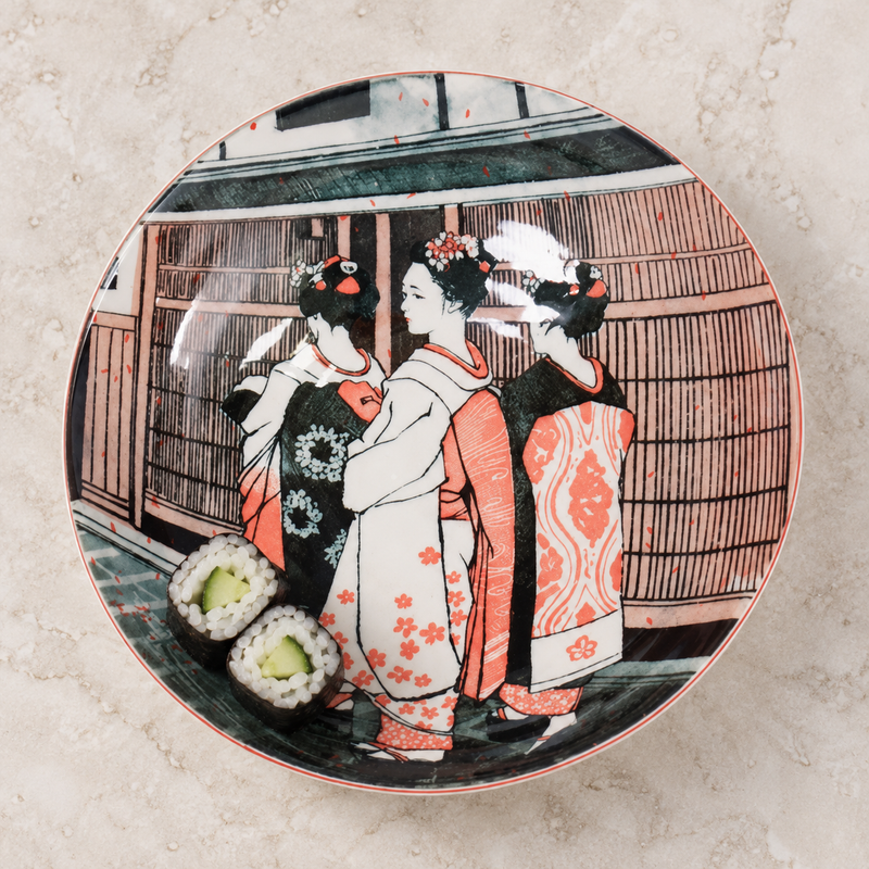 KN286-GE illustrated deep plate with two petite cucumber maki pieces