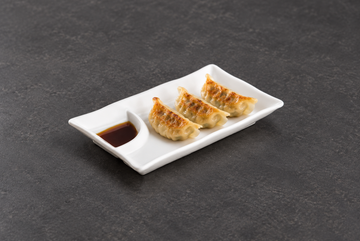 White divided melamine plate with dumplings and dipping sauce