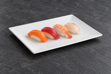 White rectangular melamine plate with sushi