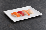 White rectangular melamine plate with sushi