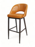 Curved Upholstered Restaurant Barstool with Walnut Wood-Grain Metal Frame – Orange