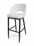 Curved Upholstered Restaurant Barstool with Walnut Wood-Grain Metal Frame – White