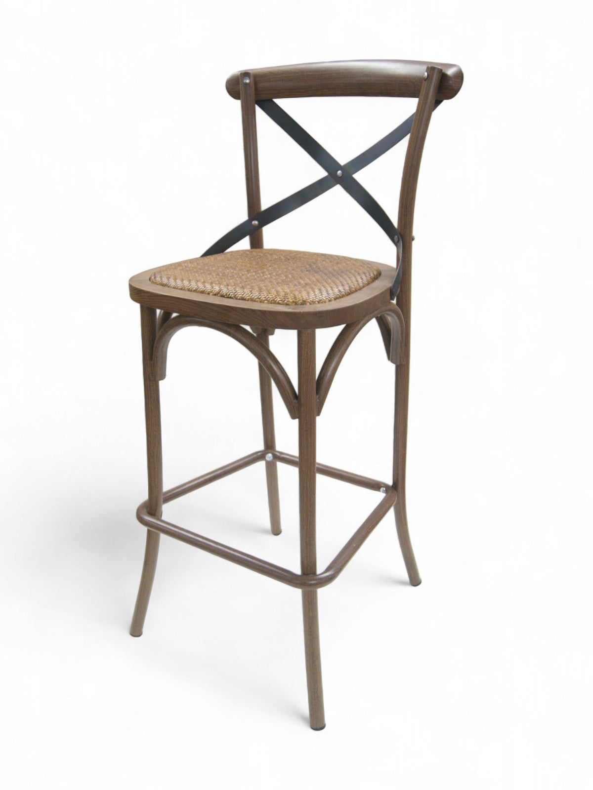 Walnut Wood-Grain Metal X-Back Restaurant Barstool
