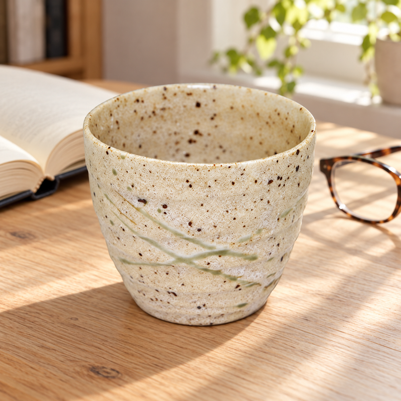 Empty MA70-3 ceramic teacup beside a book and reading glasses