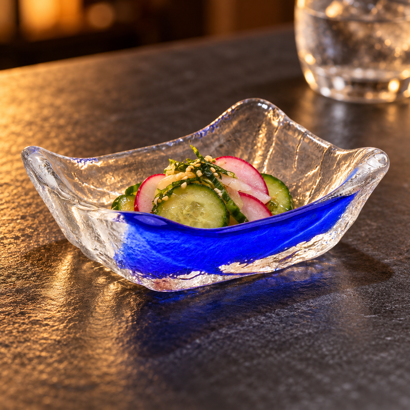 MF5 blue-streak glass sauce dish with a small pickle serving