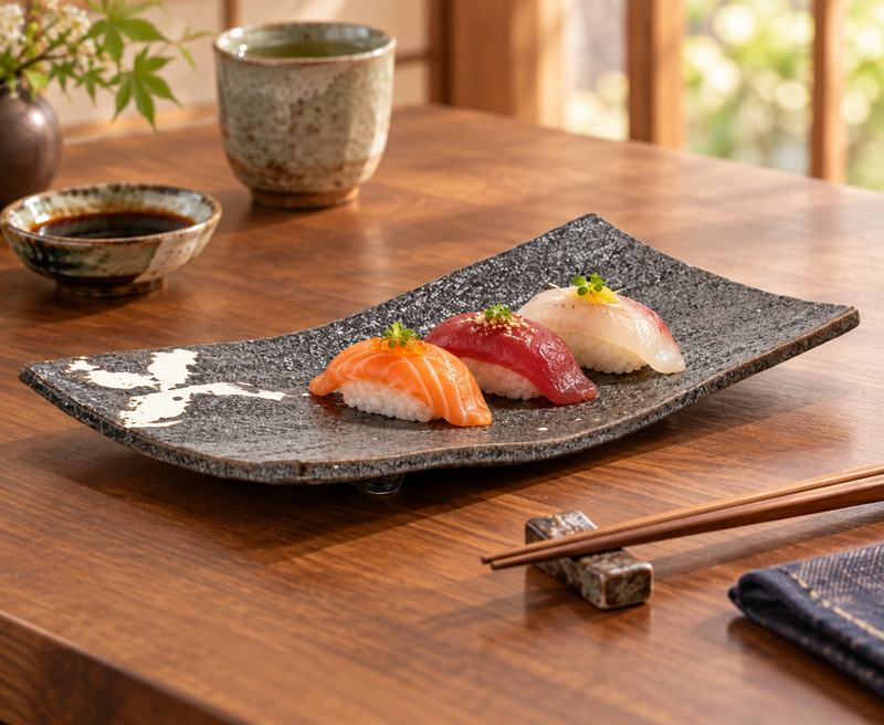 MK212W-WB curved dark porcelain plate with three small nigiri, its white brush motif visible beside a tea and soy sauce setting