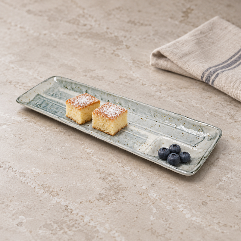 MPD213-WB divided ceramic platter with vanilla cake and blueberries