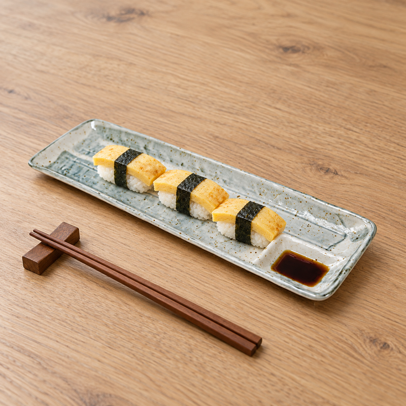 MPD213-WB divided ceramic platter with tamago nigiri and soy sauce