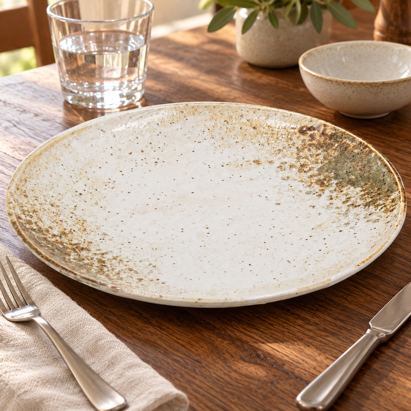 MS210-YS cream and olive-brown ceramic plate in a laid dining setting with utensils, glass and side bowl
