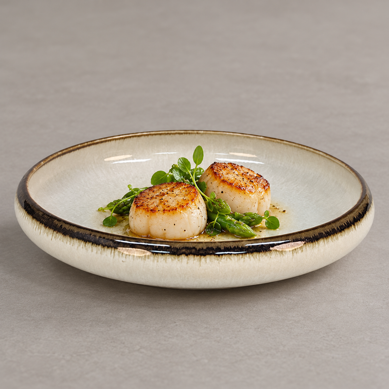 6½″ White Ceramic Deep Plate with Brown Rim, 10 oz — savory serving