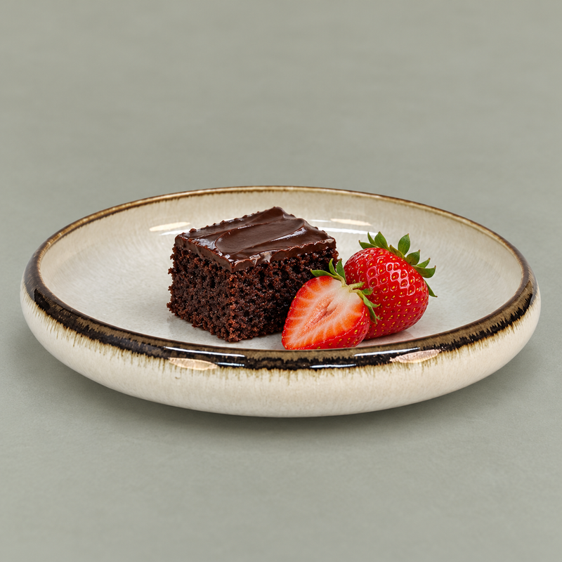 6½″ White Ceramic Deep Plate with Brown Rim, 10 oz — dessert serving