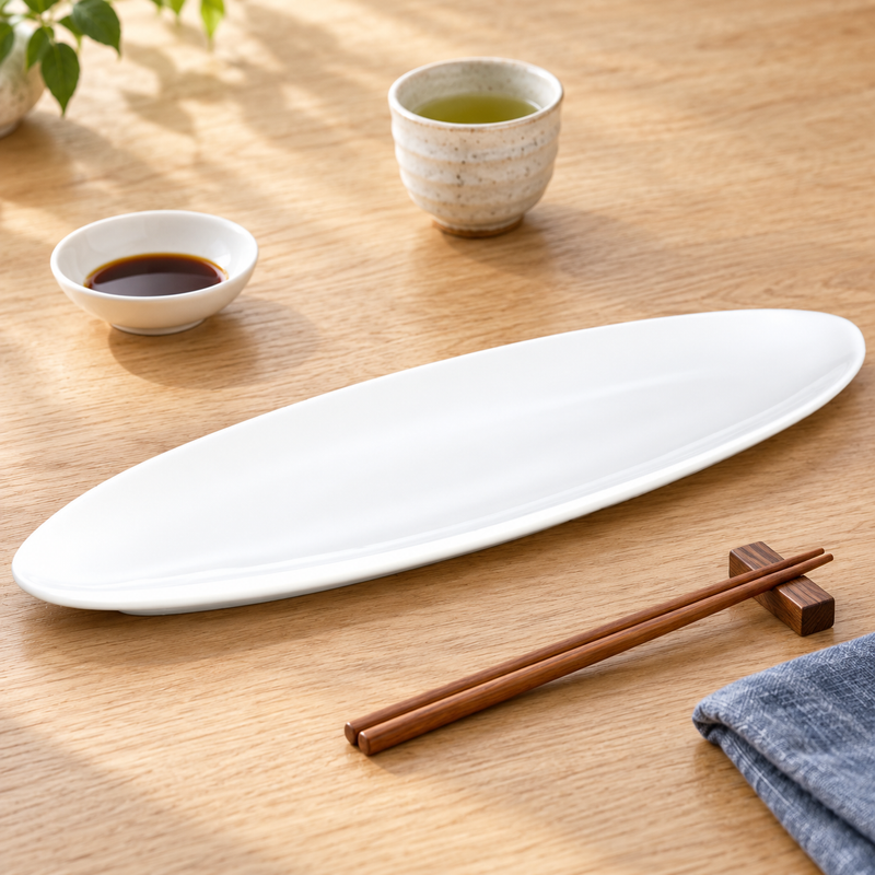 Long white oval platter with tea, sauce dish and chopsticks on light wood