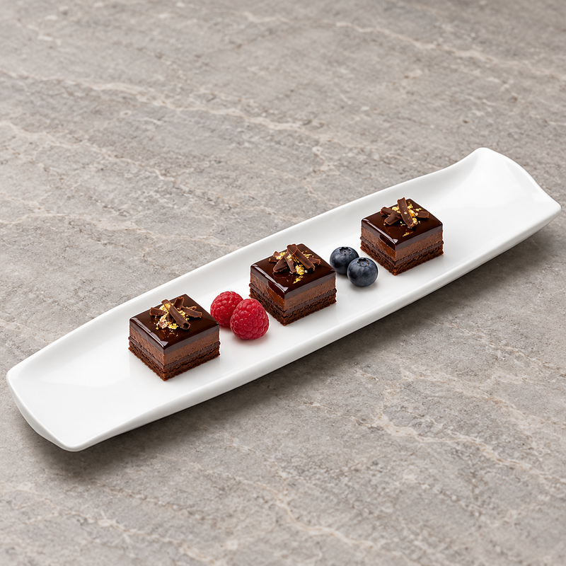 MW4452 white raised-end rectangular platter with three small chocolate desserts