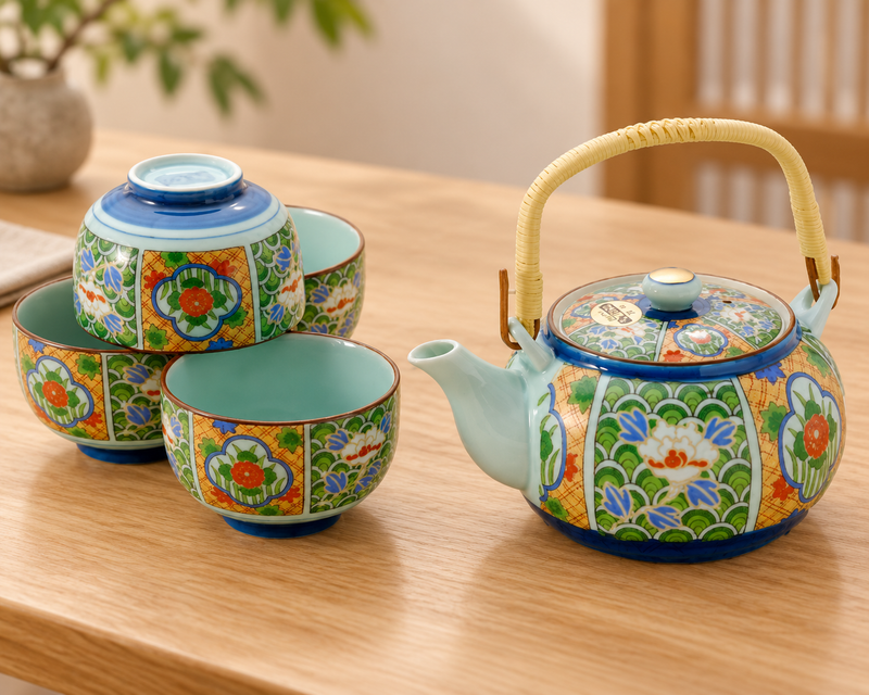 NT6-BT multicolor floral teapot and four matching cups in the original arrangement on a wooden tea table