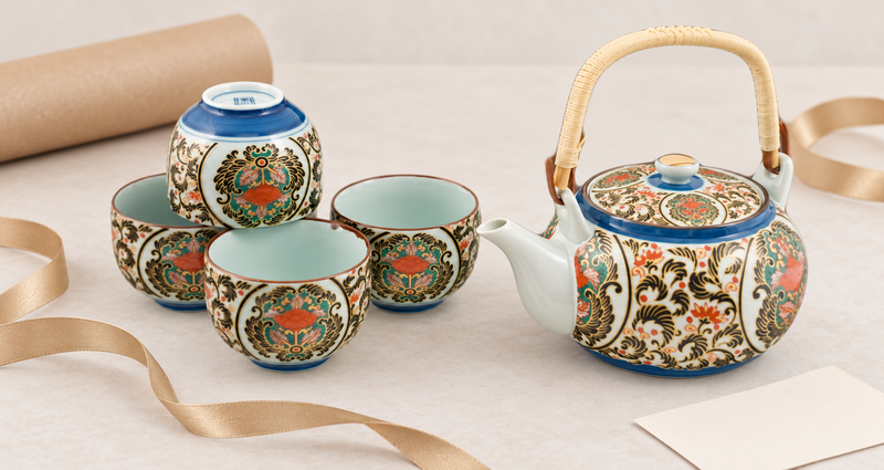 NT8-KK ornate teapot and four cups in original arrangement beside separate wrapping paper, ribbon and blank card