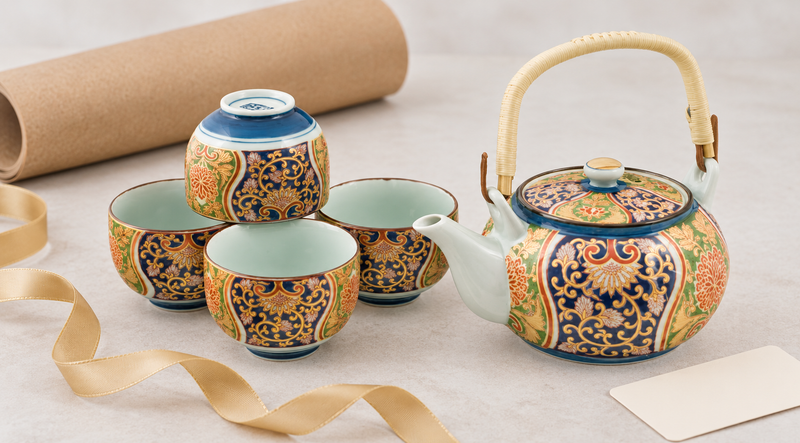 NT8-NK ornate teapot and four cups in original arrangement beside separate wrapping paper, ribbon and blank card