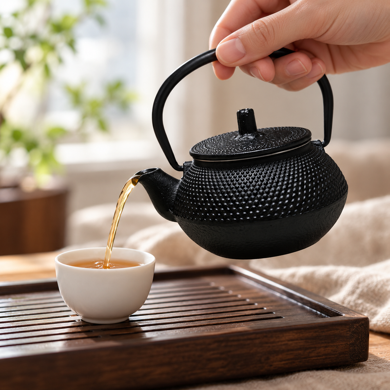 Small black hobnail teapot pouring tea into a separate cup