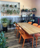 Orange plastic restaurant chair; restaurant setting, other furniture illustrative