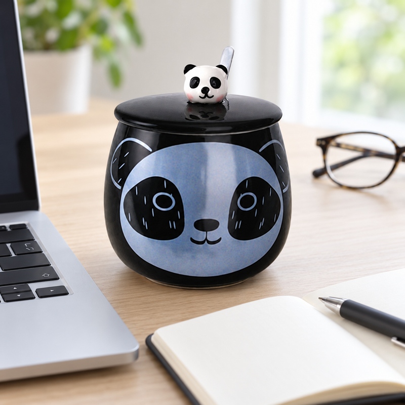Closed PC36-1 black panda-face mug with visible spoon and panda detail on a desk beside a laptop, notebook and glasses