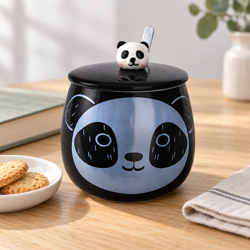 Closed PC36-1 black panda-face mug with visible panda detail and spoon, styled beside a separate biscuit dish and book