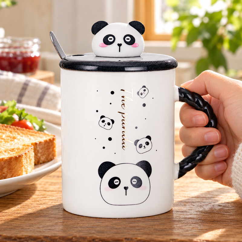 White panda mug with black lid and spoon held by its braided handle at breakfast