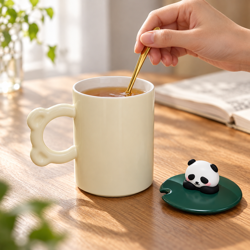 Plain cream reverse of panda mug during stirring, green panda lid alongside