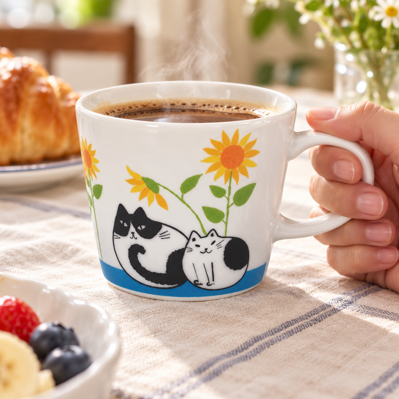 Cat and sunflower mug held during a coffee break