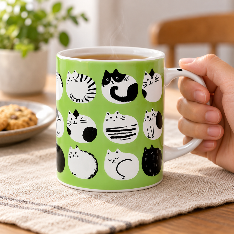 Pale green cat mug held during a tea break