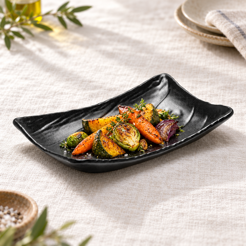 JX211-B black porcelain — give vegetables a sculpted setting