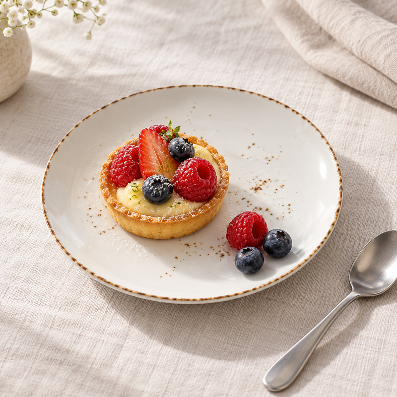 Splash Blanch 6¼-inch coupe plate with a small fruit tart