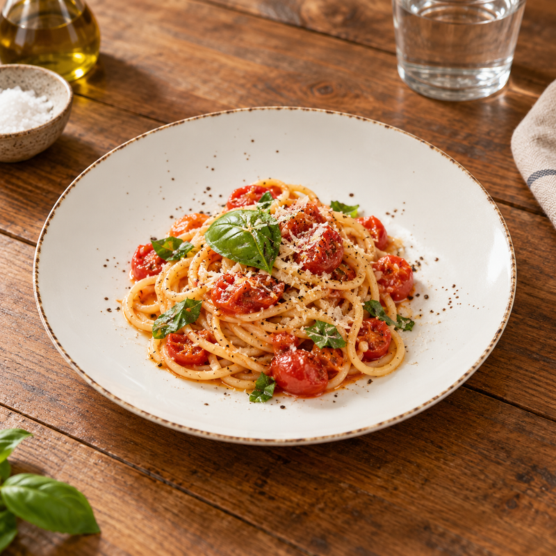 Splash Blanch 9-inch coupe plate with tomato and basil pasta