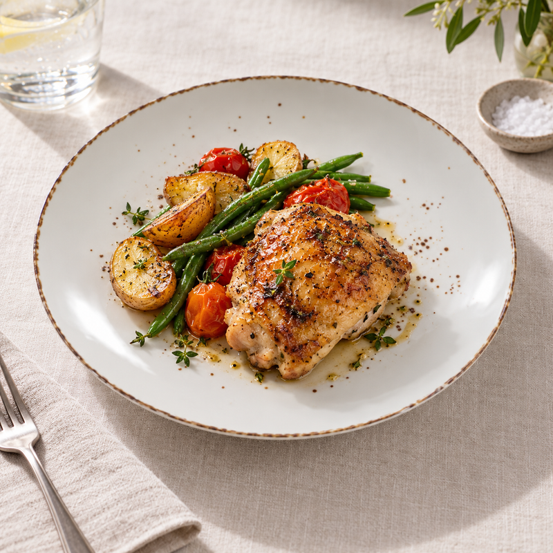 Splash Blanch 10¾-inch coupe plate with chicken and accompaniments