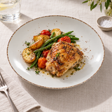 Splash Blanch 10¾-inch coupe plate with chicken and accompaniments