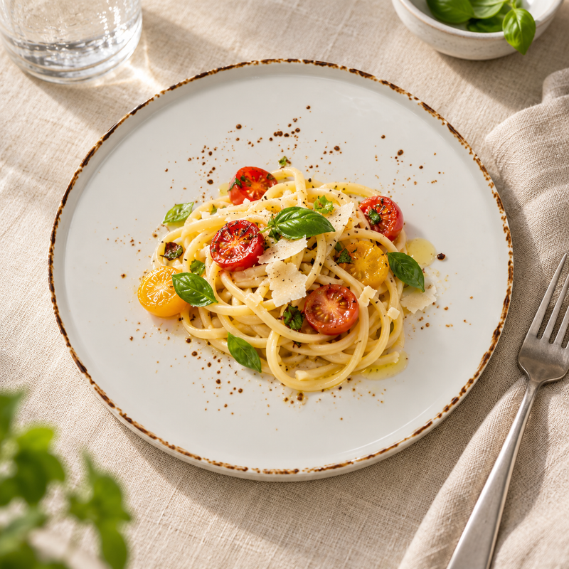 Splash Blanch deep coupe plate with pasta, tomatoes and basil