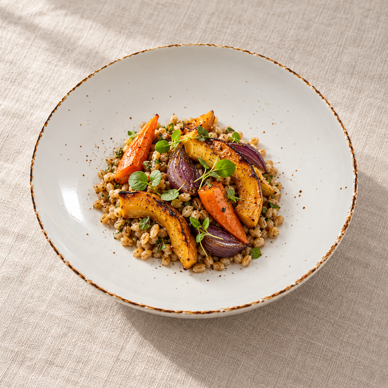 Splash Blanch deep coupe plate serving grains and roasted vegetables