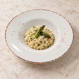 Splash Blanch wide-rim pasta bowl with asparagus risotto